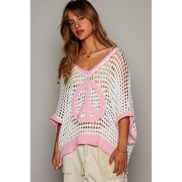 POL White & Pink Peace Sign Sheer Open Weave Layering Top - Picture 3 of 9